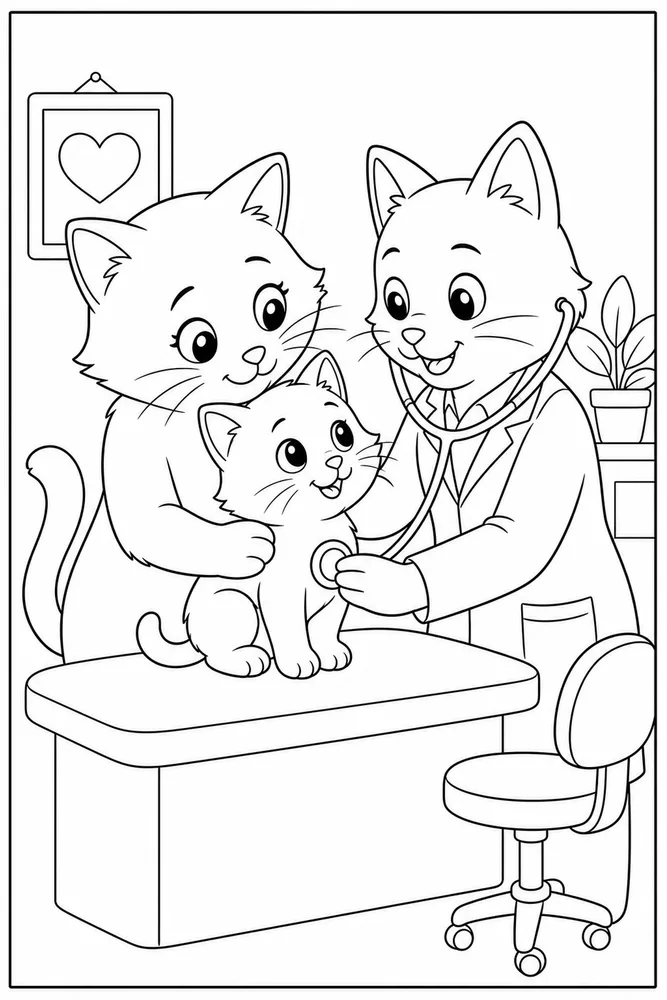 Parent cat comforting kitten at checkup coloring page