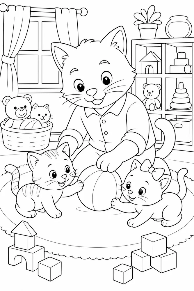 Father cat playing with kittens coloring page