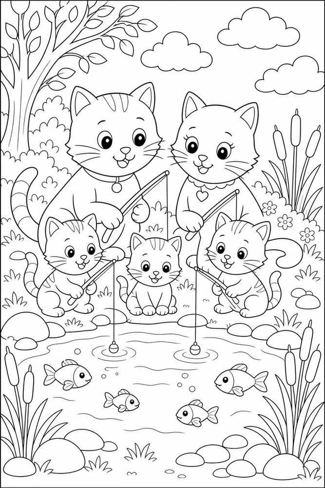 Cat family near a pond coloring page