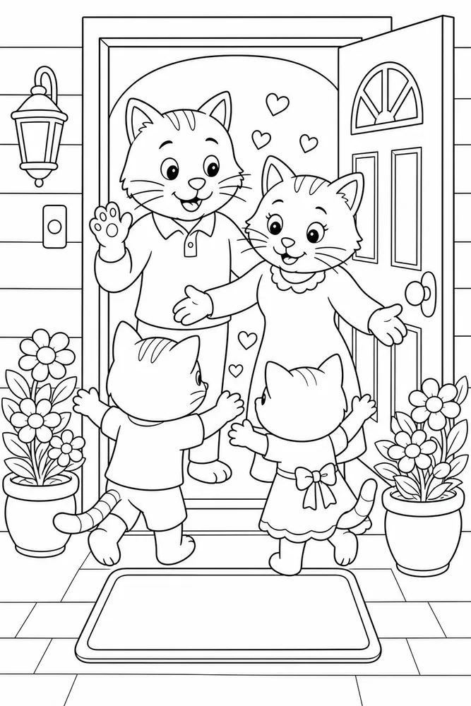 Cat family greeting at front door coloring page
