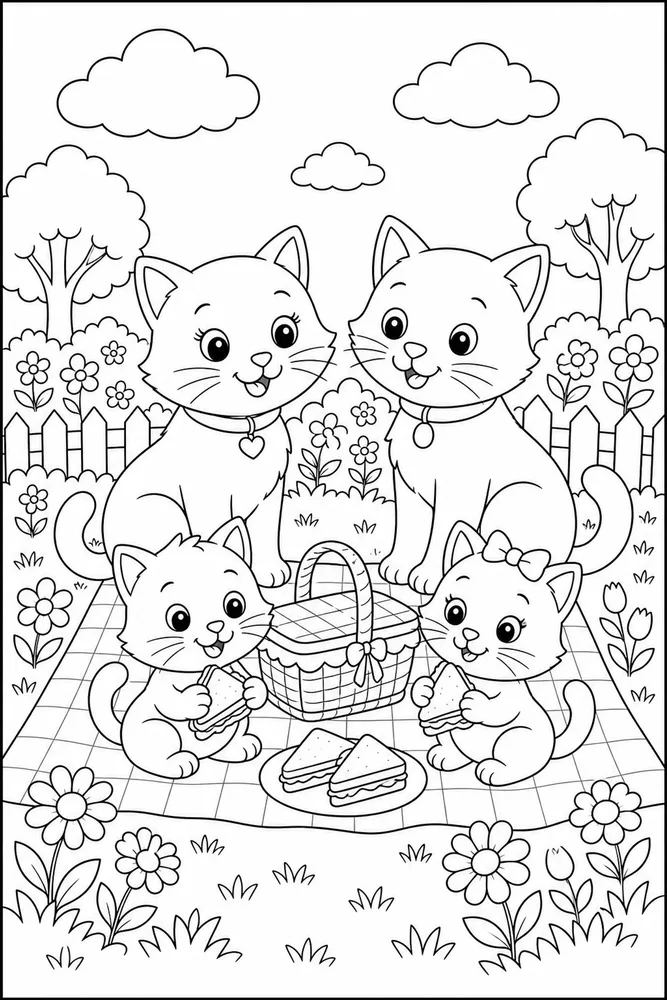 Cat family garden picnic coloring page