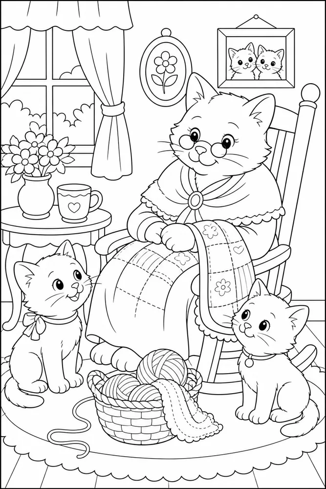 Grandparent cat with kittens by a rocking chair coloring page