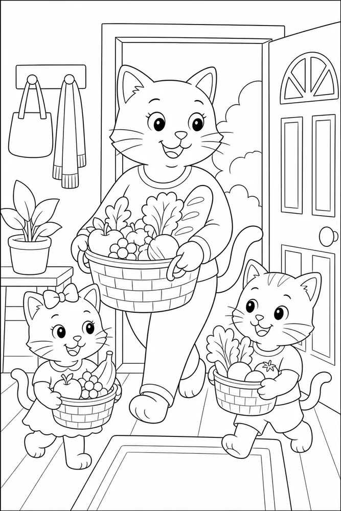 Cat family carrying grocery baskets coloring page