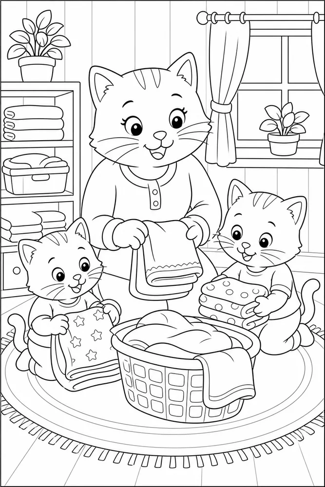 Cat family folding laundry coloring page