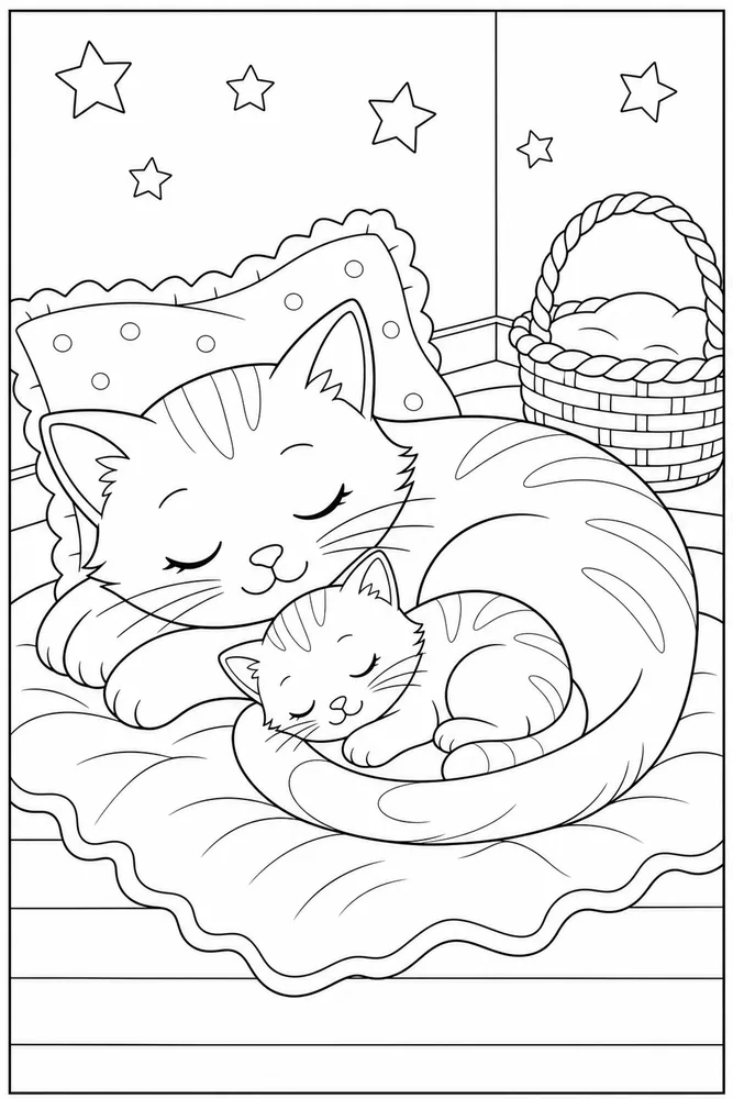 Cat Family Coloring Pages preview: Mother cat and kitten napping coloring page