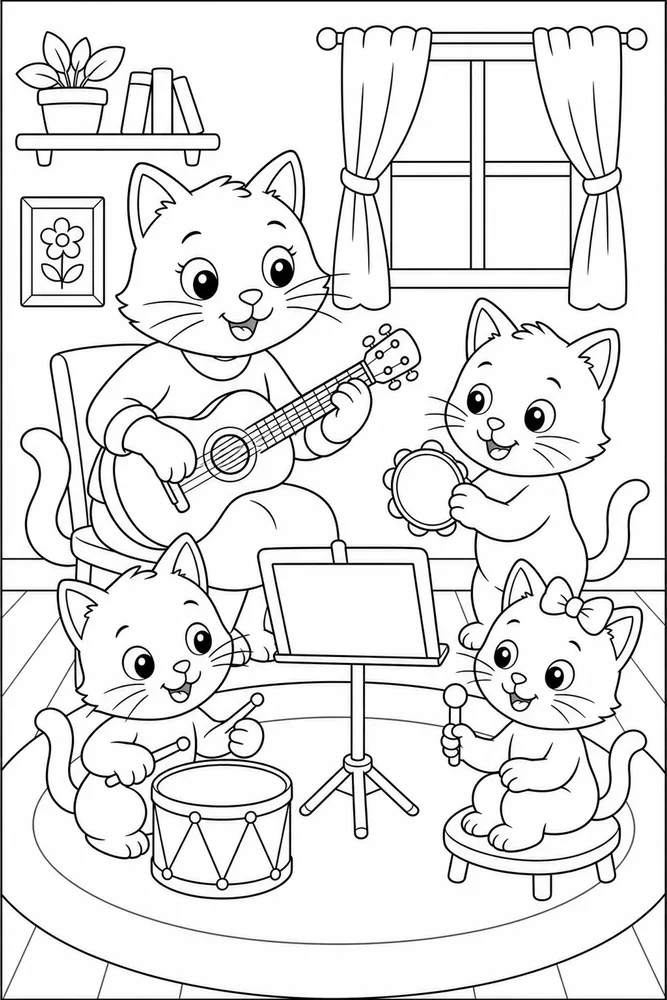 Cat family music practice coloring page