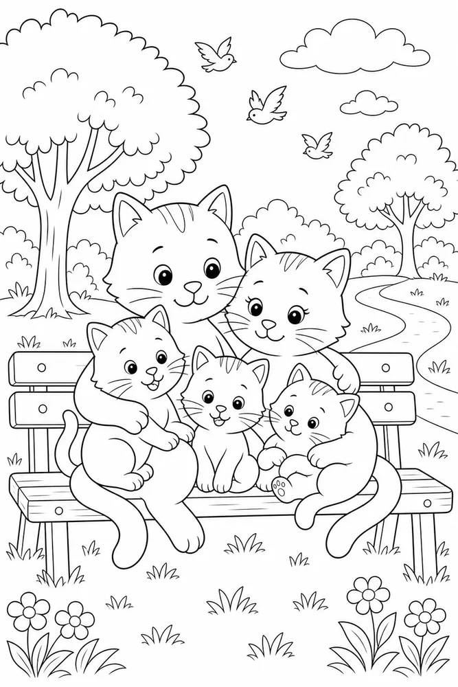Cat family on a park bench coloring page