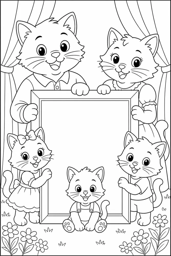 Cat family posing by a blank photo frame coloring page