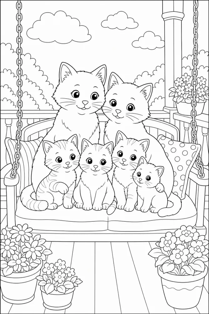 Cat family on a porch swing coloring page