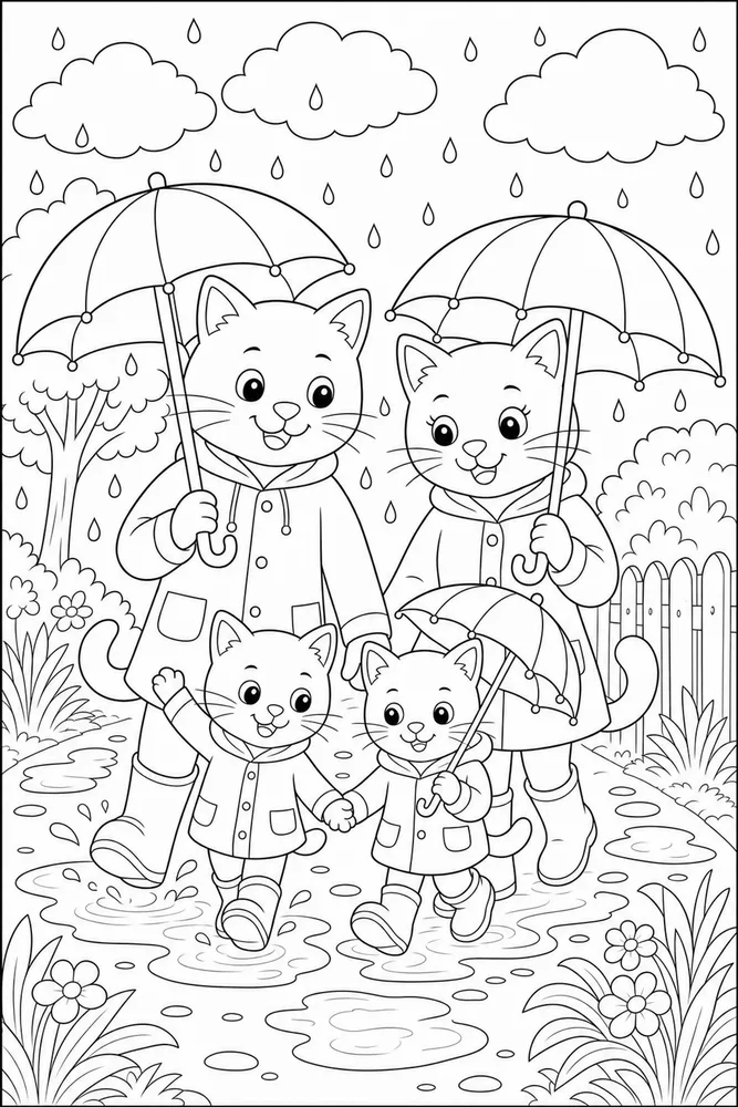 Cat family walking with umbrellas coloring page