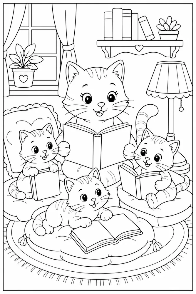 Cat family reading nook coloring page