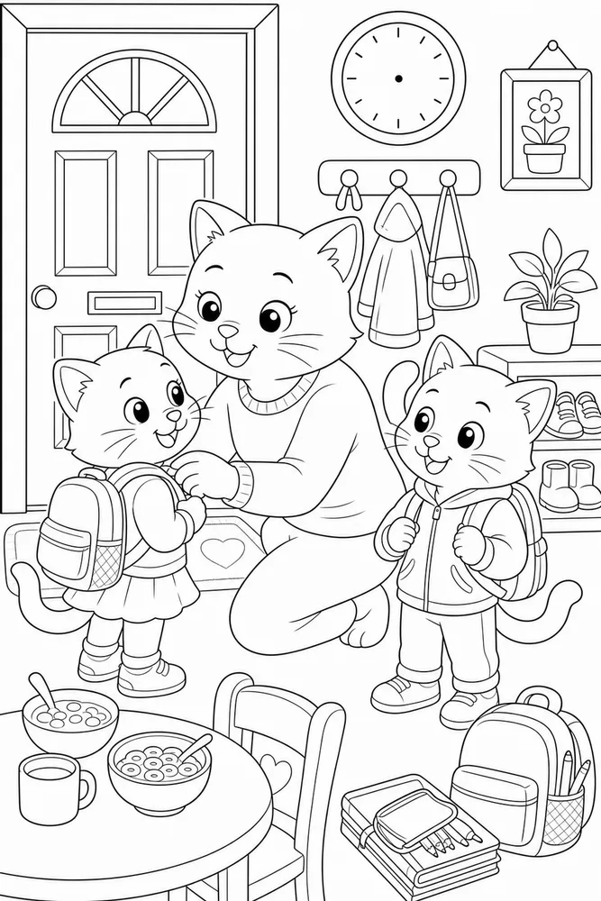 Cat family school morning coloring page
