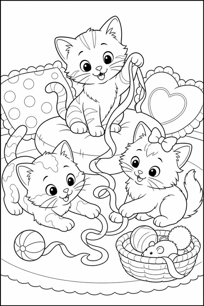 Sibling kittens with a ribbon toy coloring page