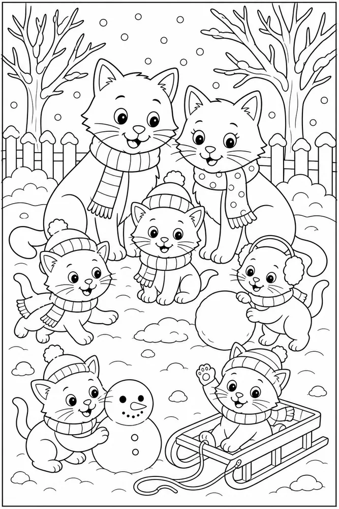 Cat family playing safely in a snowy yard with scarves, a sled outline, trees, and simple snow shapes coloring page