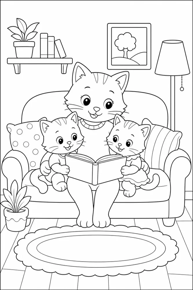 Cat family reading on a sofa coloring page