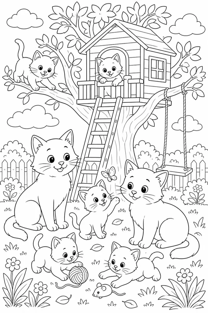 Cat family by a backyard treehouse coloring page