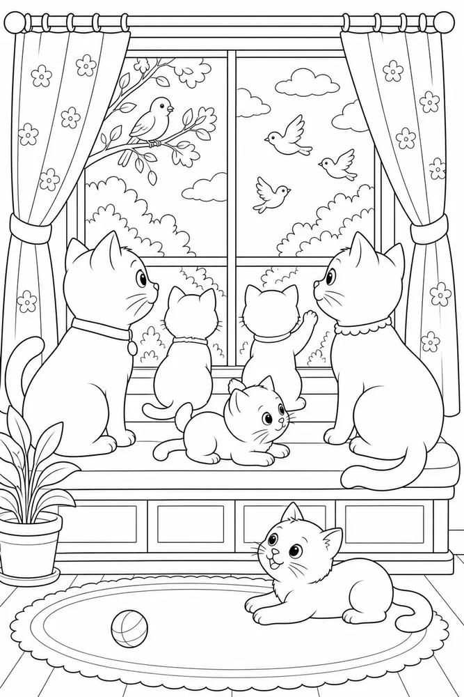 Cat family watching birds from a window coloring page