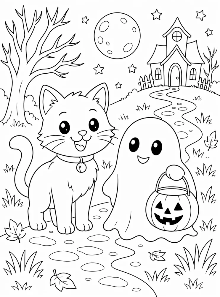 Cat With Friendly Ghost coloring page preview