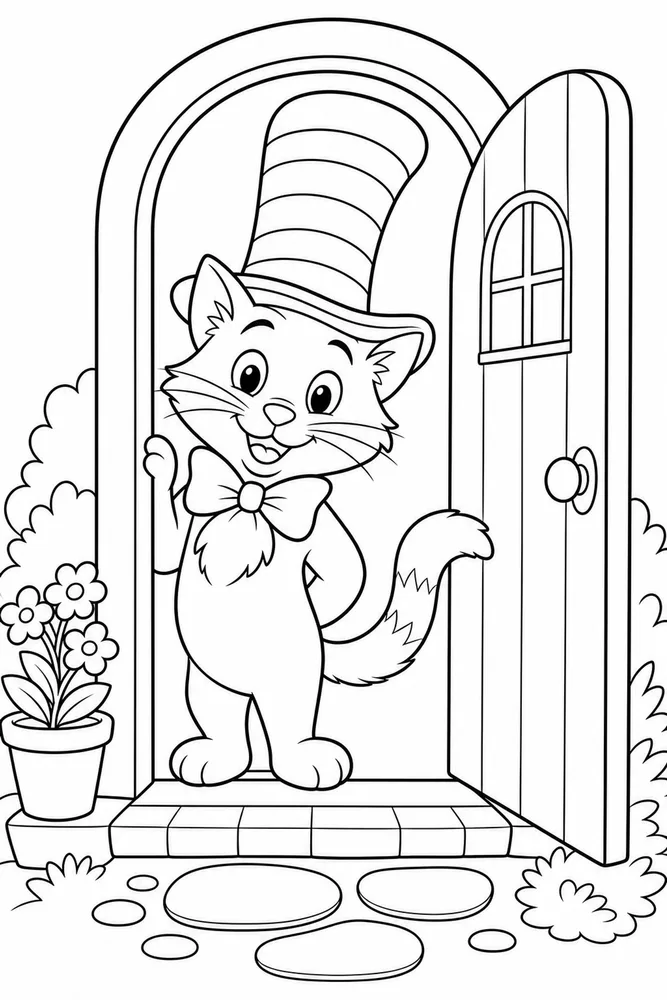 Cat Hat At Doorway With Hat printable coloring page for kids