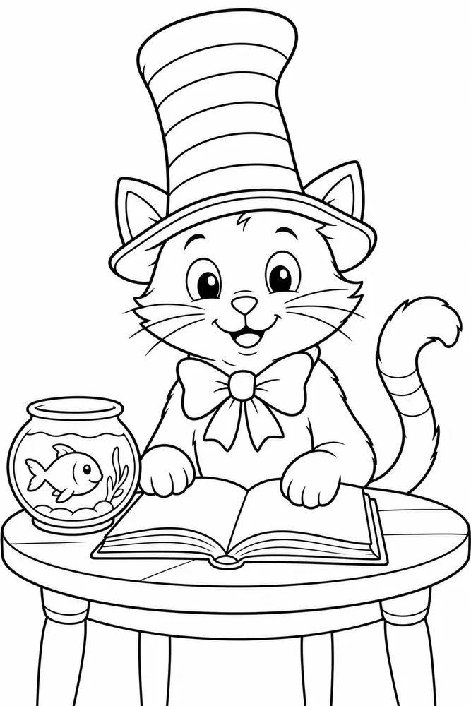 Cat Hat At Storybook Table printable coloring page for kids