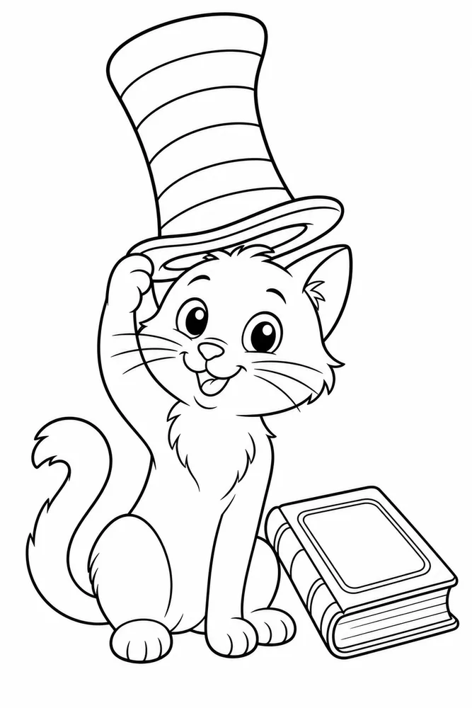 Cat Hat Balancing Hat Beside Book printable coloring page for kids