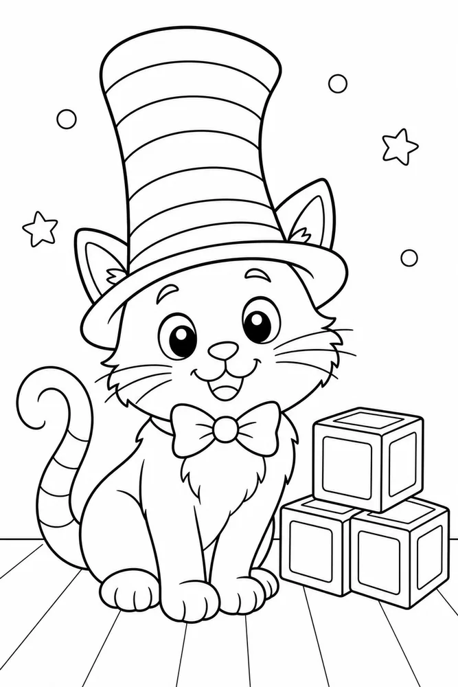 Cat Hat Beside Alphabet Blocks printable coloring page for kids