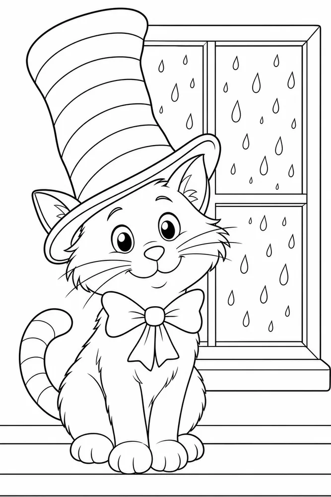 Cat Hat Beside Rainy Window printable coloring page for kids