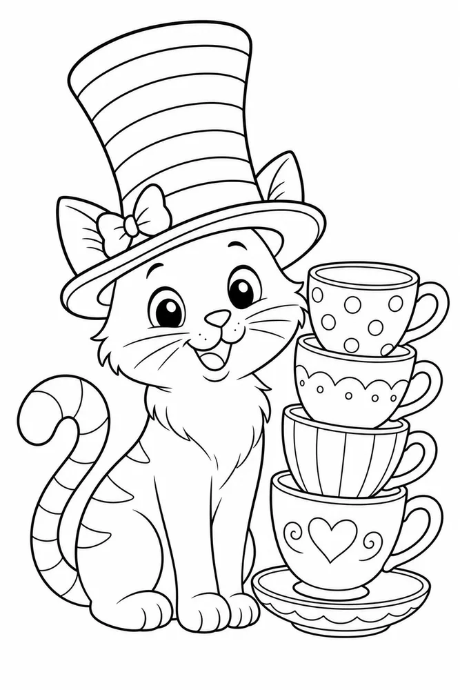 Cat Hat Beside Teacup Stack printable coloring page for kids