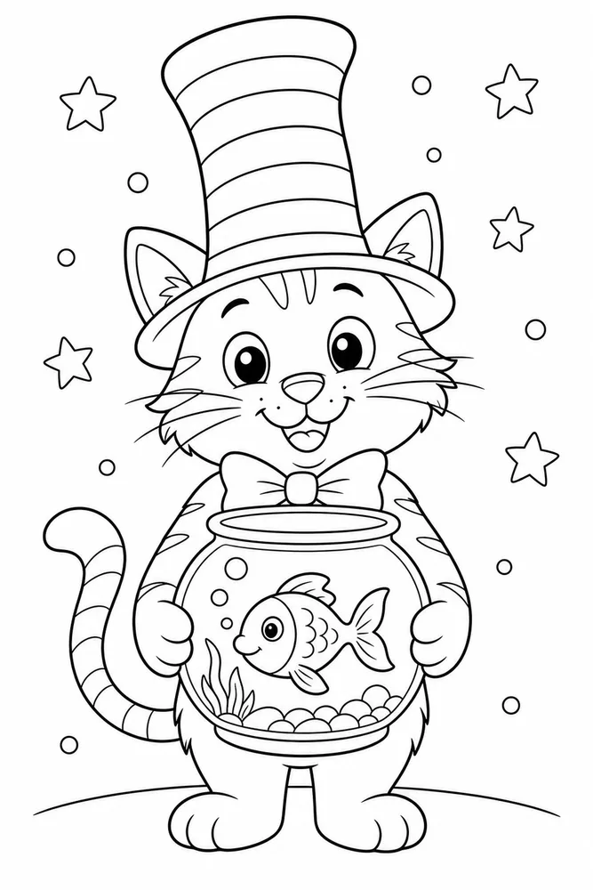 Cat Hat Holding Fishbowl Style Prop printable coloring page for kids