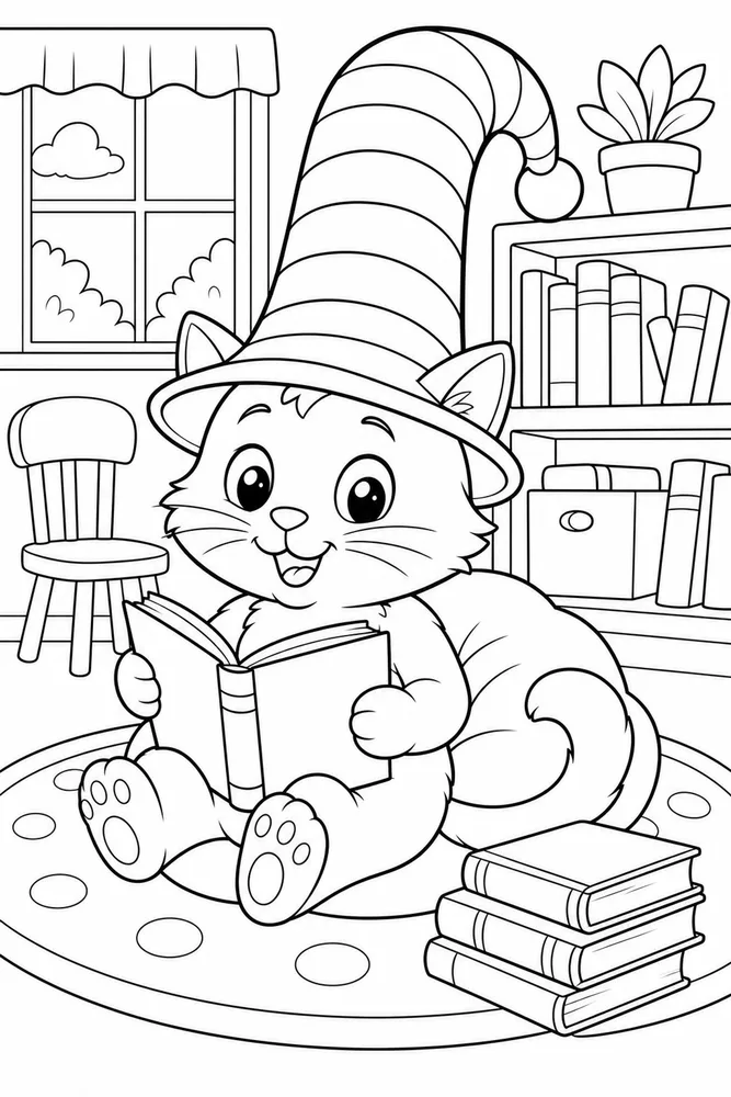 Cat Hat In Classroom Reading Corner printable coloring page for kids