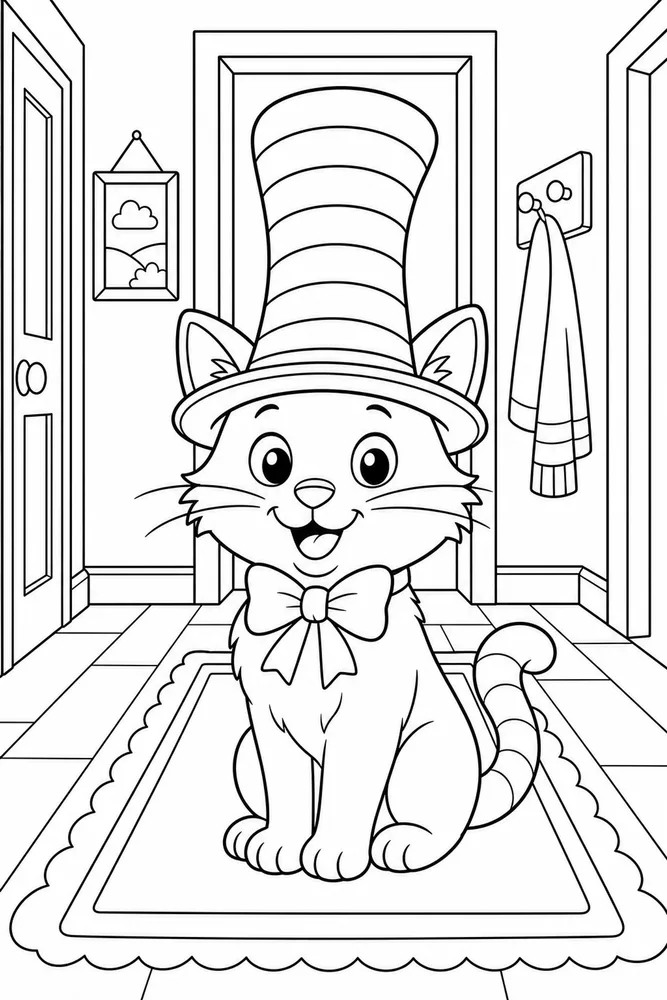 Cat Hat In Hallway Scene printable coloring page for kids