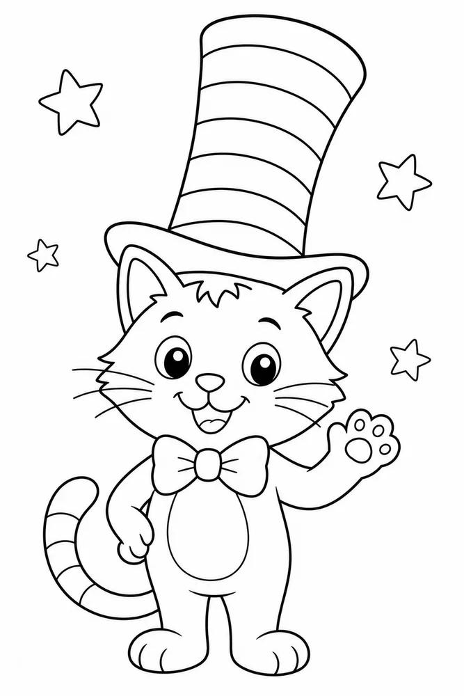 Cat Hat In Tall Striped Hat Portrait printable coloring page for kids