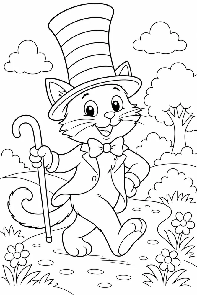 Cat Hat Marching With Cane printable coloring page for kids