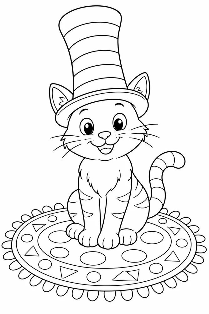 Cat Hat On Patterned Rug printable coloring page for kids