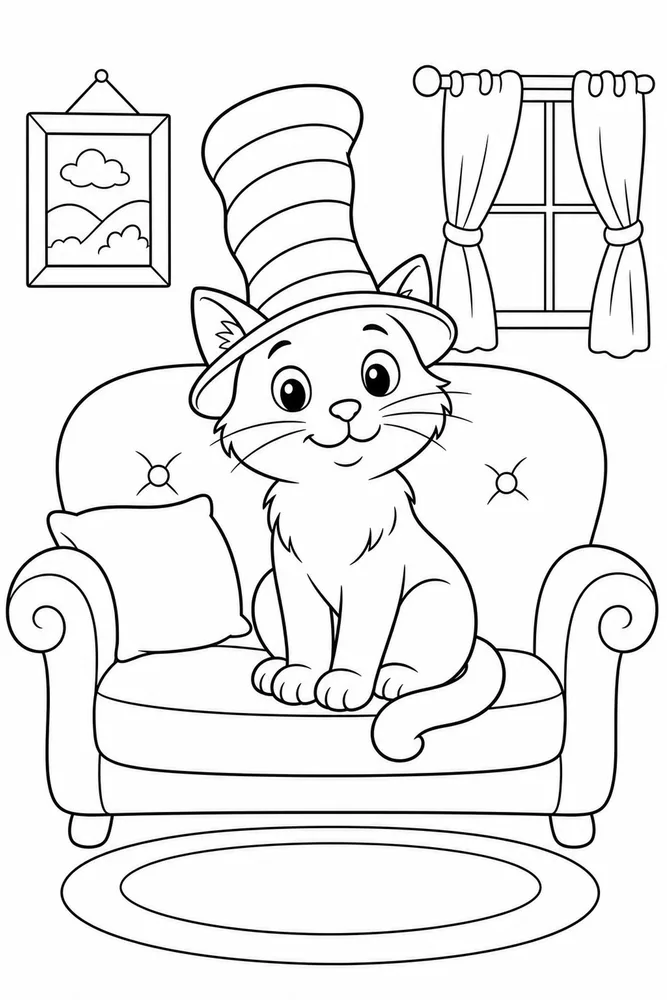 Cat Hat On Sofa With Hat printable coloring page for kids