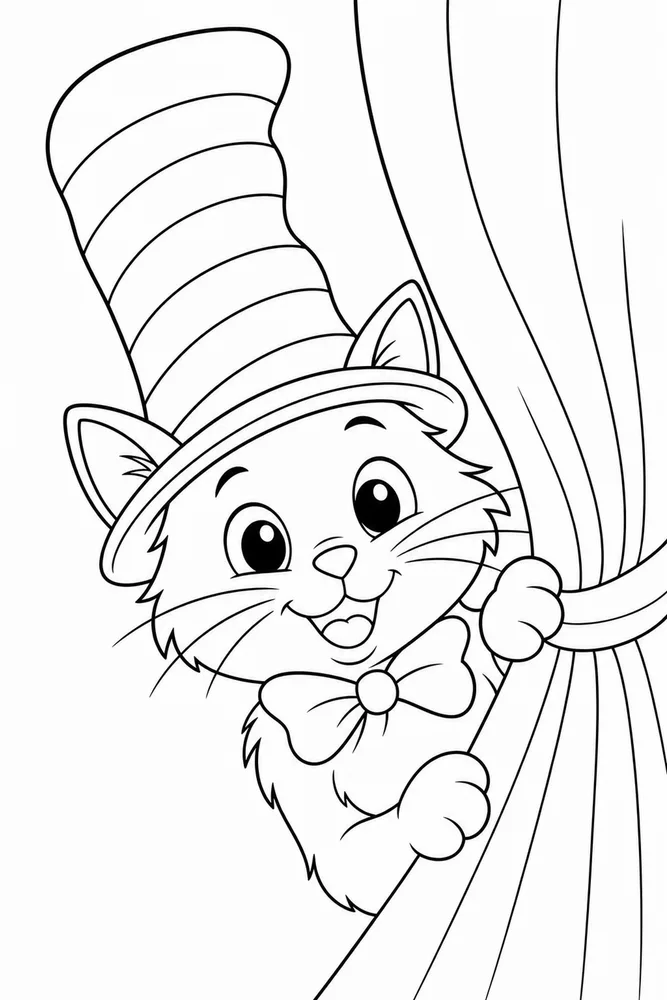 Cat Hat Peeking From Behind Curtain printable coloring page for kids