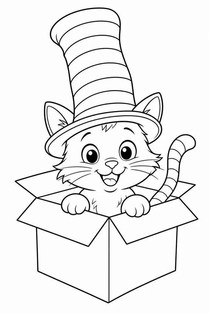 Cat Hat Popping From Box With Hat printable coloring page for kids