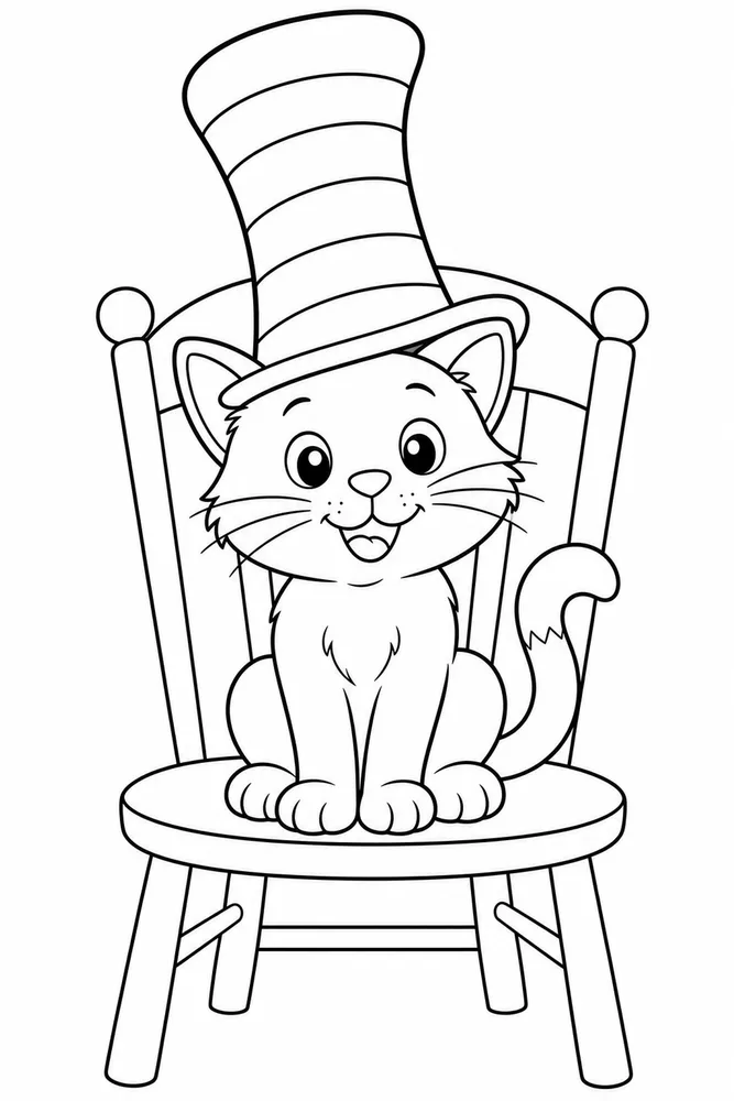 Cat Hat Sitting On Chair With Hat printable coloring page for kids