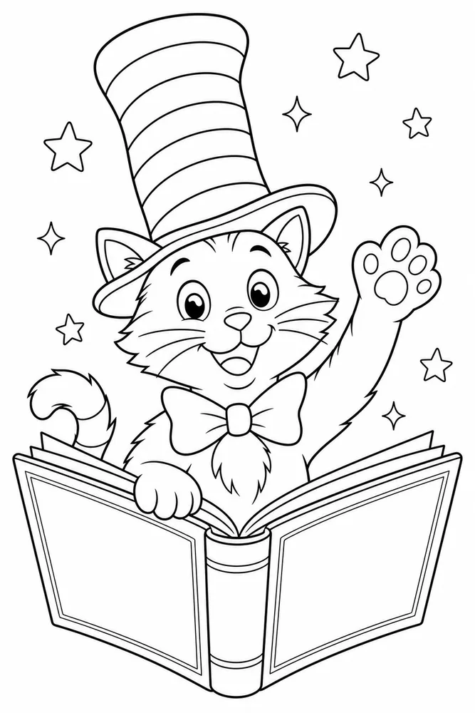 Cat Hat Waving From Open Book printable coloring page for kids