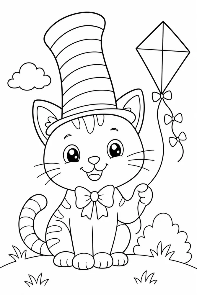 Cat Hat With Playful Kite printable coloring page for kids