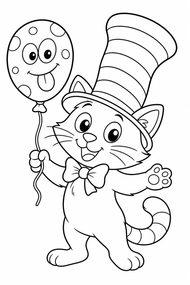 Cat Hat With Silly Balloon printable coloring page for kids