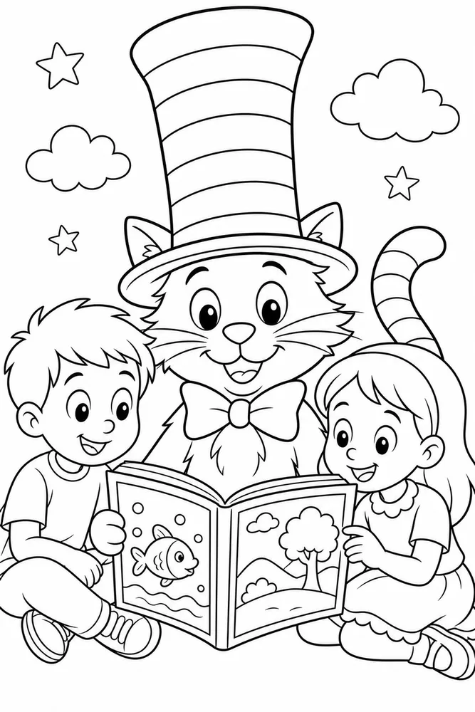 Cat Hat With Two Kids Reading printable coloring page for kids