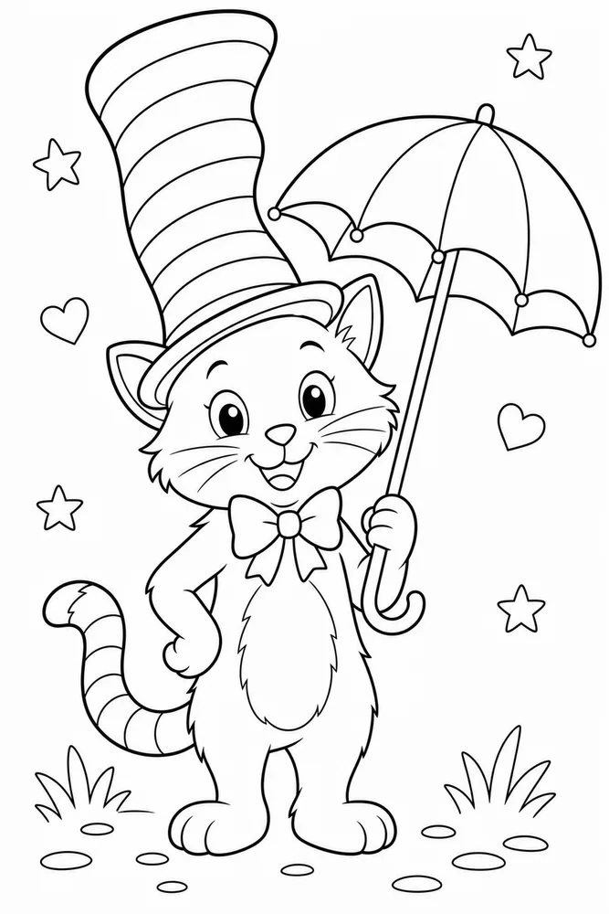 Cat Hat With Umbrella And Hat printable coloring page for kids