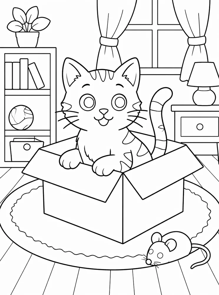 Cat in a cardboard box coloring page