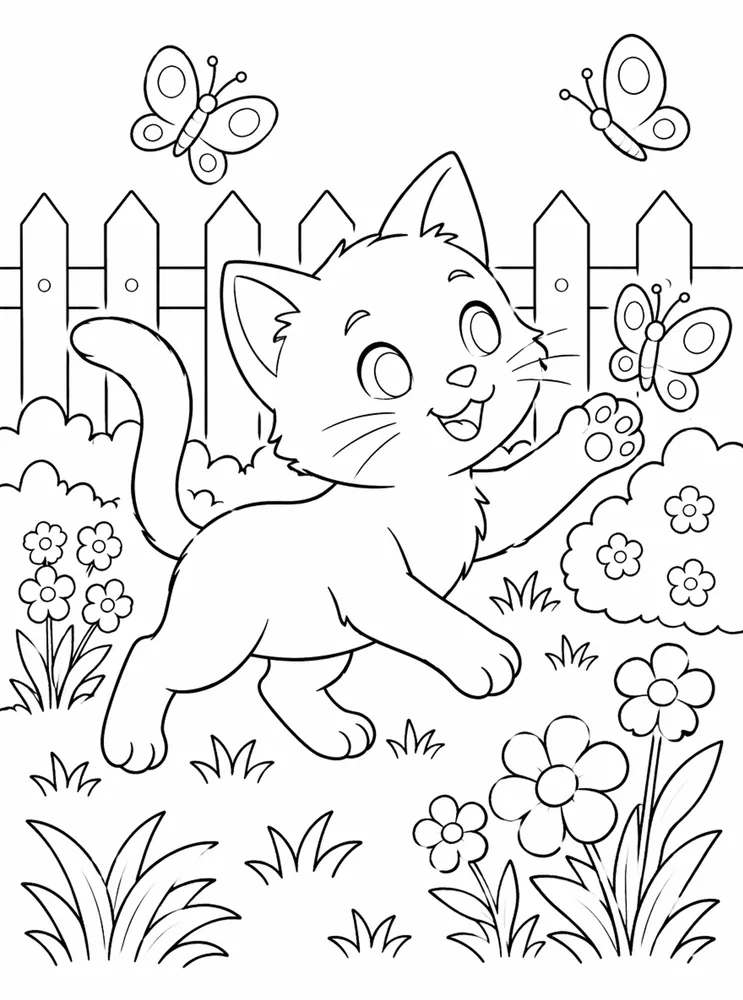 Cat in a garden with butterflies coloring page