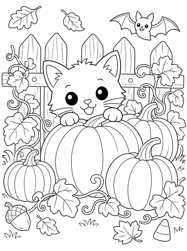 Cat In Pumpkin Patch coloring page preview