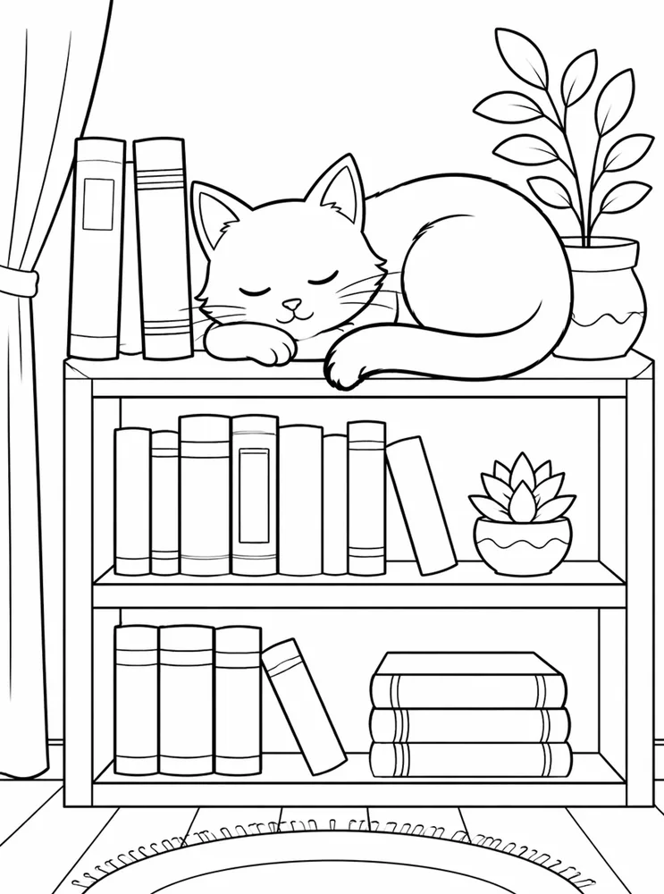 Sleeping cat resting on a bookshelf with books and small plants