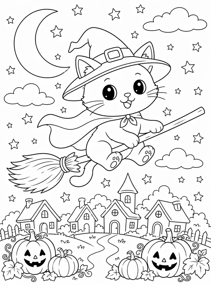 Cat on broom with stars Halloween coloring page