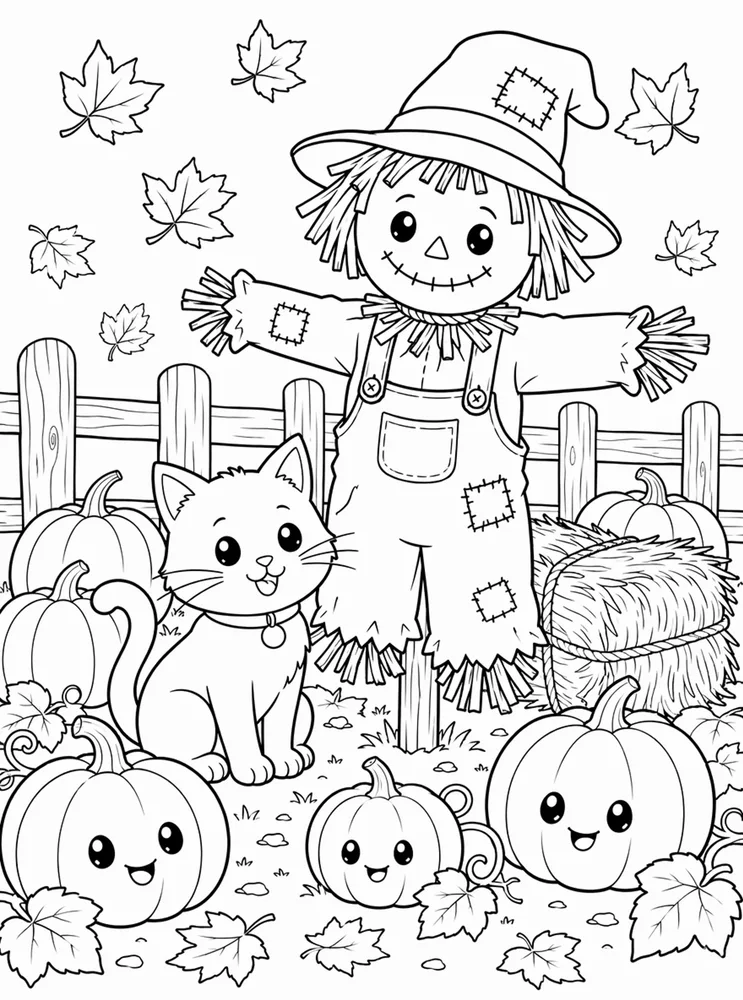 Cat with friendly scarecrow Halloween harvest coloring page