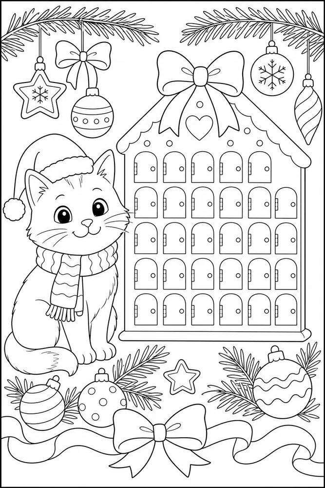 Christmas cat beside a blank advent calendar coloring page